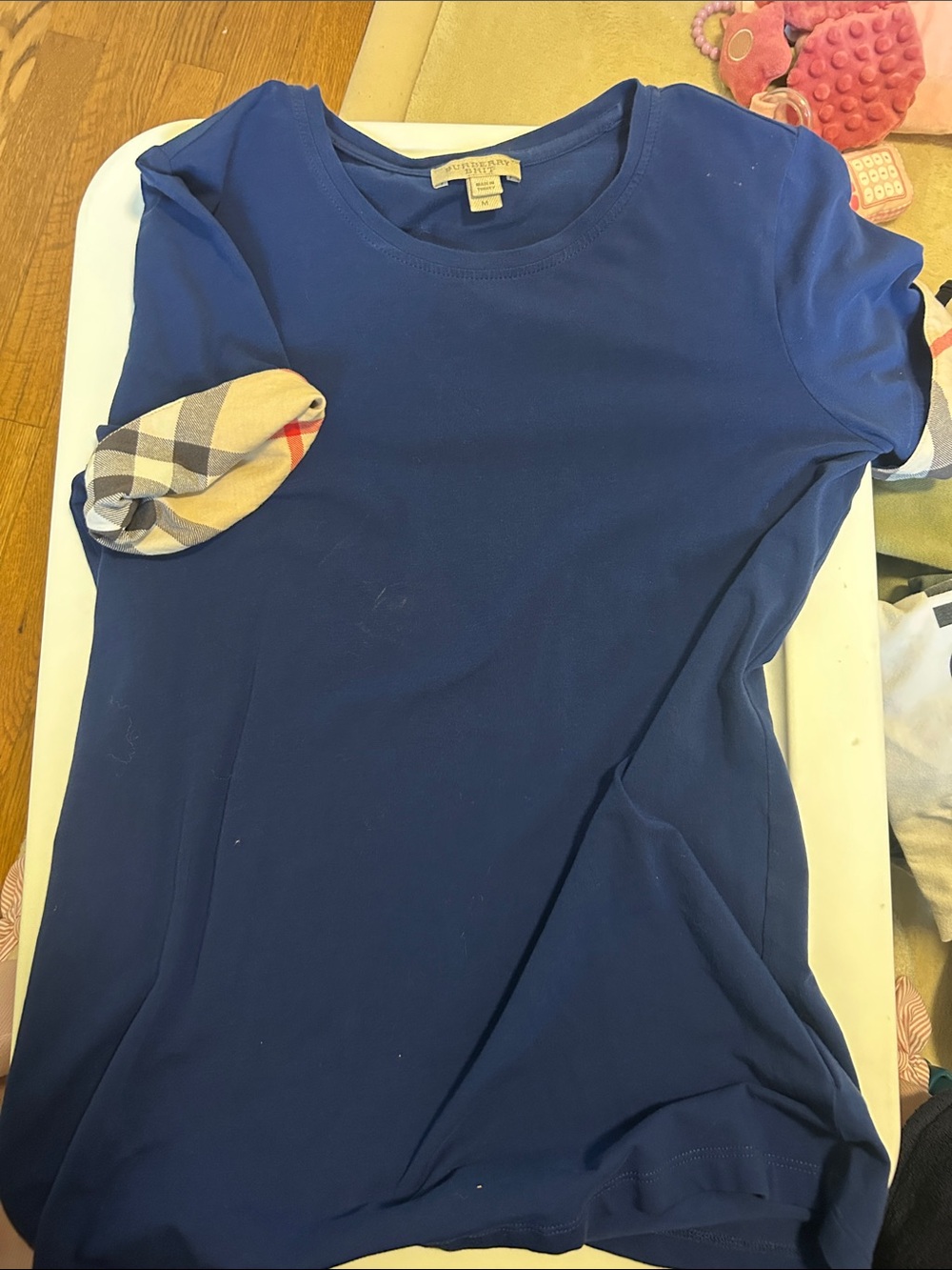 Women’s Burberry Navy Short-Sleeve Crewneck Tee with Signature Check Cuff